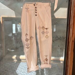 Anthropologie white embroidered painter cropped pants